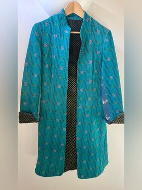 Neeru Kumar Teal Vintage Cotton Kantha Long Coat Women’s Small